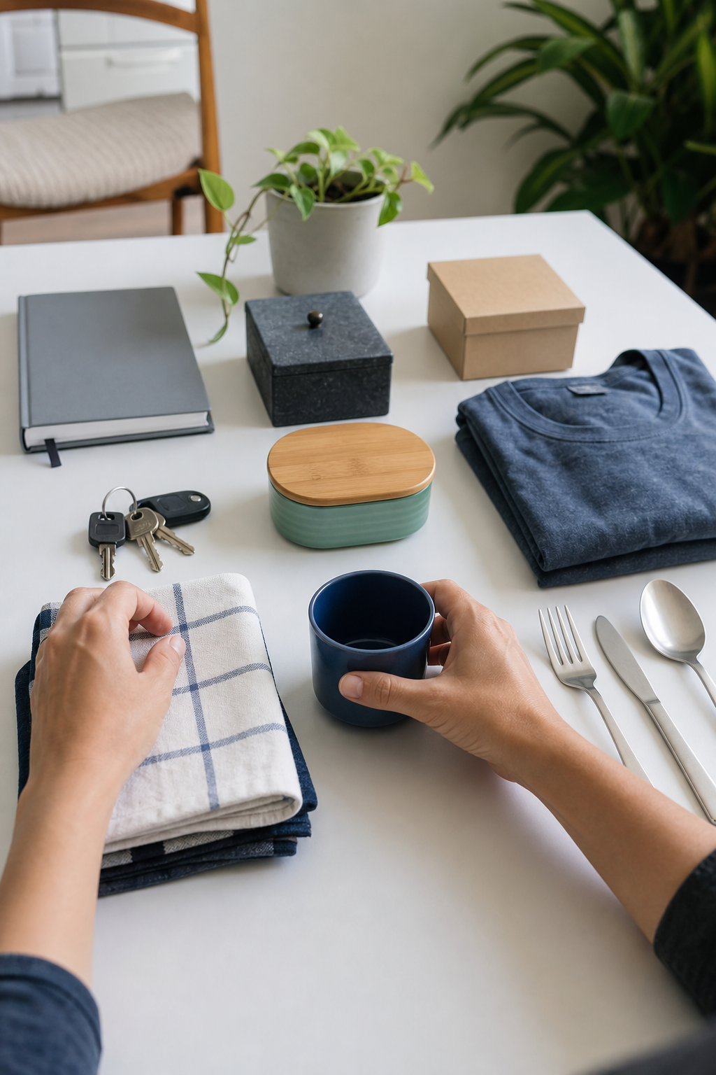 POV hands arranging everyday household objects on a clean table