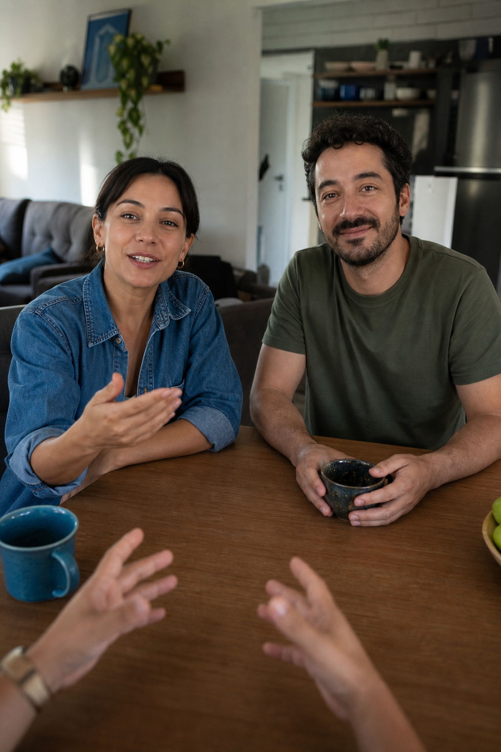 First-person conversation scene at a home table for AI training data