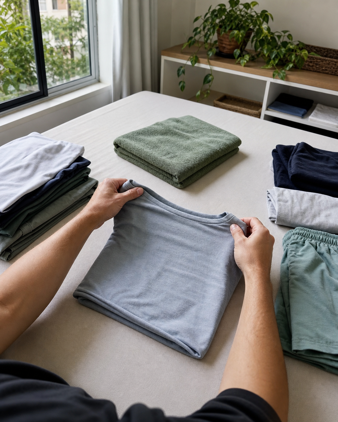 POV close-up of hands folding a soft shirt in a Brazilian apartment